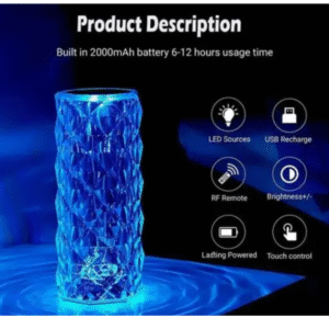 Rose Crystal LED Table Lamp | 16 Color Changing Touch Bedside Night Light with Remote | USB Rechargeable Decorative Lamp for Bedroom, Living Room, Party & Dinner Decor