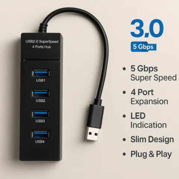 USB HUB 3.0 4 Port USB Hub 3.0 Adapter Cable with 5Gbps Speed USB Adapter (Black colour) - Image 4