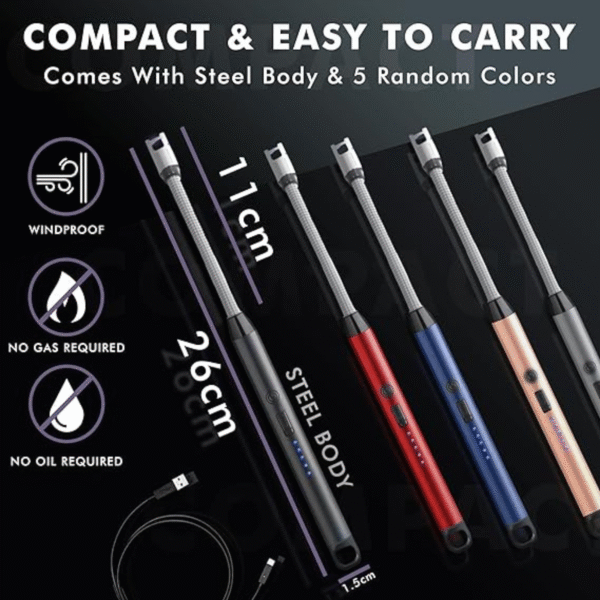 USB Rechargeable Electric Gas Lighter for Kitchen with Battery Indicator & Safety Lock – Arc Plasma Flameless Lighter