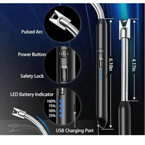 USB Rechargeable Electric Gas Lighter for Kitchen with Battery Indicator & Safety Lock – Arc Plasma Flameless Lighter - Image 2