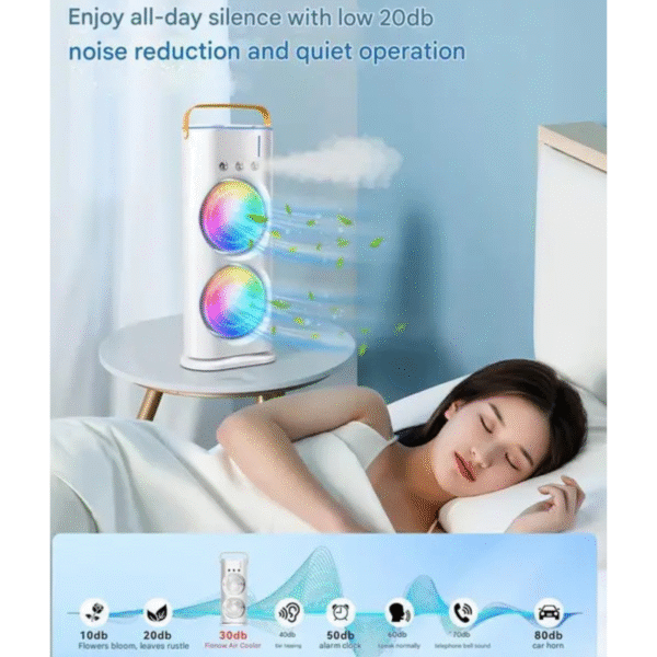Double Ended Spray Fan with Powerful Cooling, Adjustable 3-Speed Modes, USB Rechargeable Battery, Remote & Touch Control, and Ice Chamber - Image 5